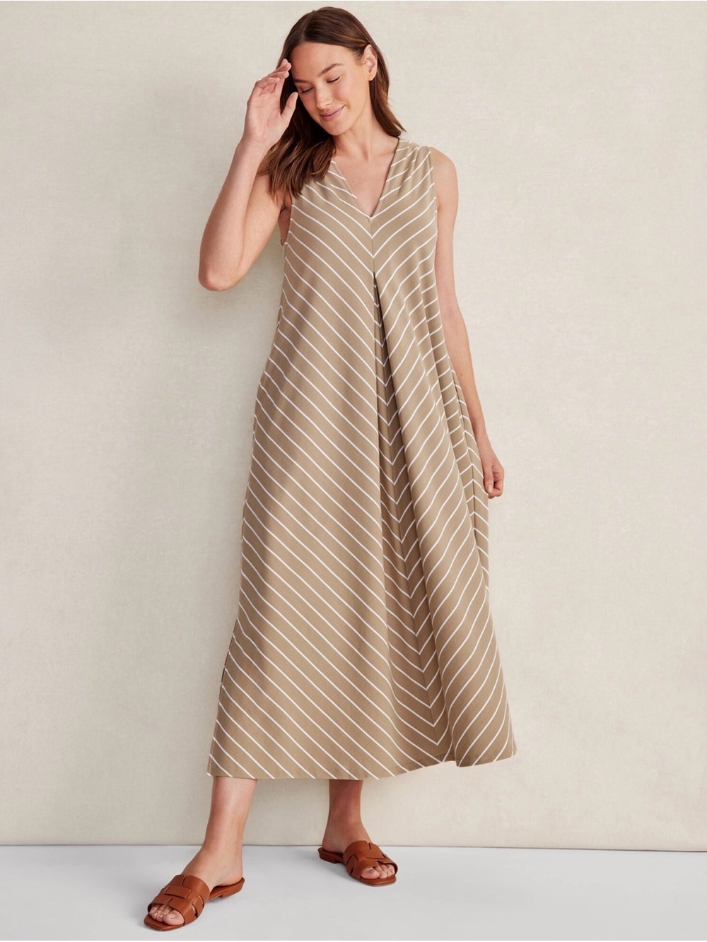Haven Well Within Organic Cotton Tan Striped VNeck Sleeveless Dress Sz XS/S NWOT